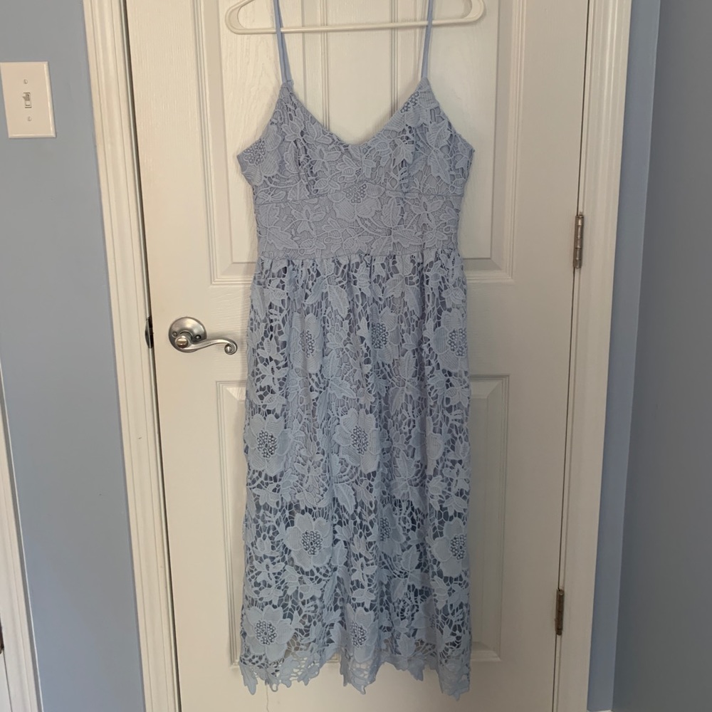 Periwinkle lace overlay cocktail dress.